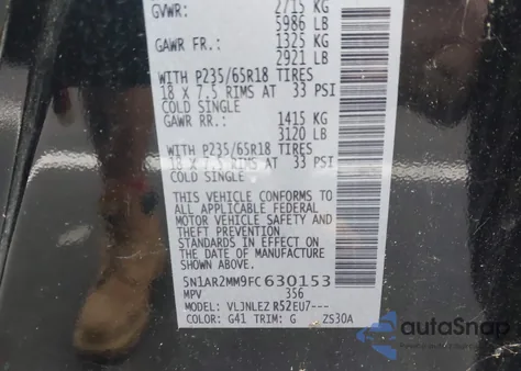 2015 Nissan Pathfinder Platinum/S/Sl/Sv z USA, uszkodzony, nr VIN 5N1AR2MM9FC630153